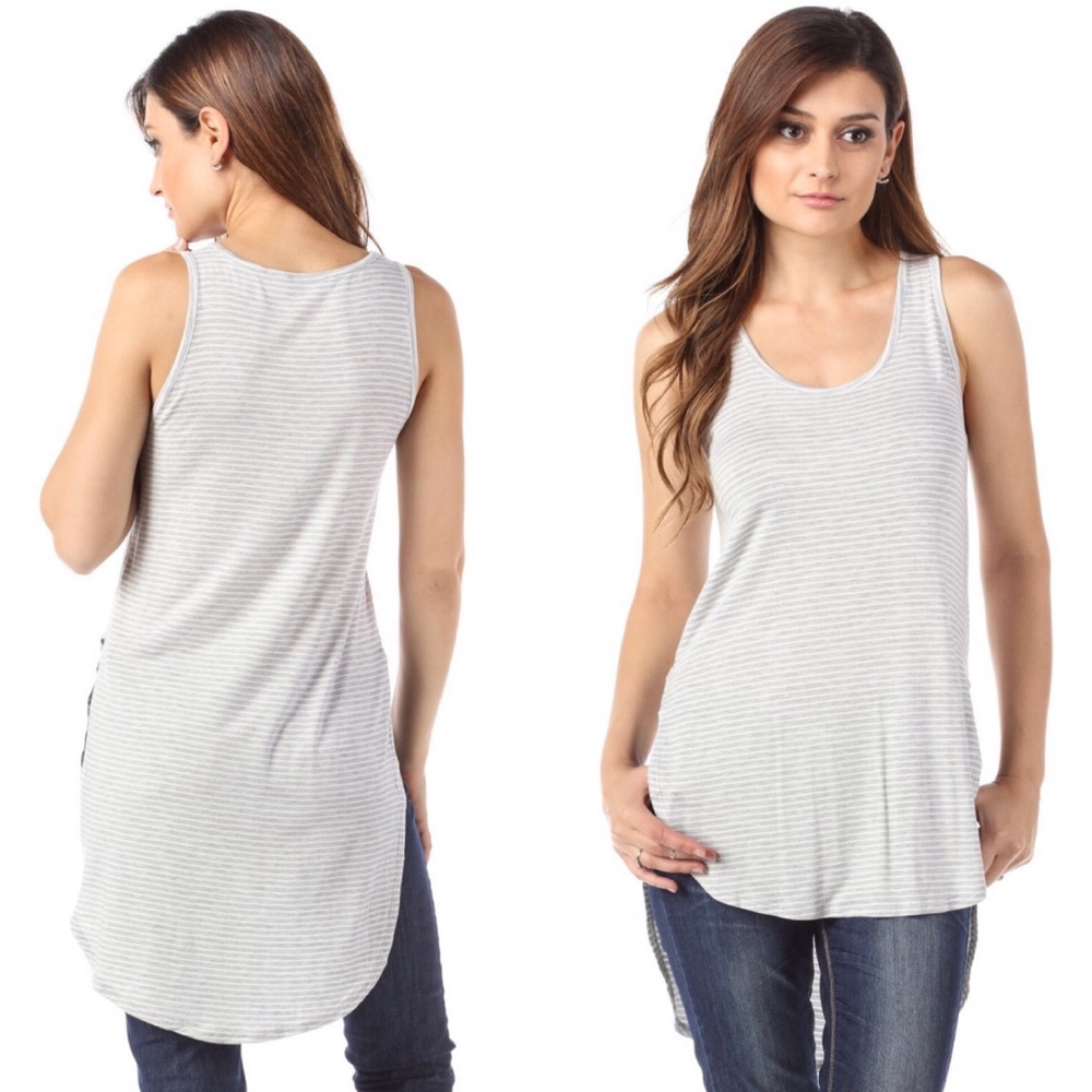Striped High Low Dolphin Hem Tank Top Light Grey